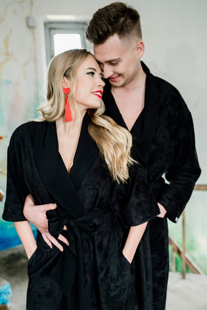 Mid-Length Bamboo Terry Robe for Women - Black